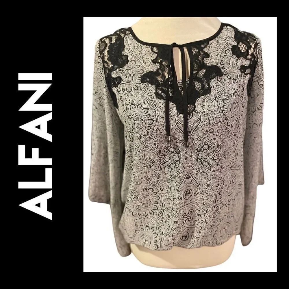 Alfani Women's Gray Lace with Black Paisley Flared Sleeves Semi Sheer Camisole S